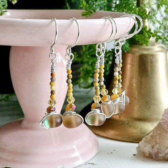 Handmade Jewelry - Holographic Glass & Bumble Bee Jasper Beaded Dangle Earrings 2"
